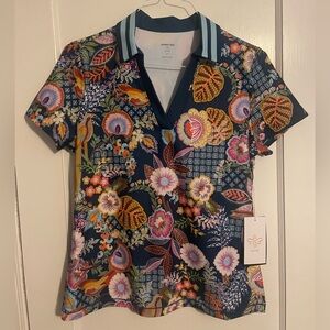 NWT Johnny Was Bee Active Floral Polo Shirt Medium Collared Golf Tennis Top